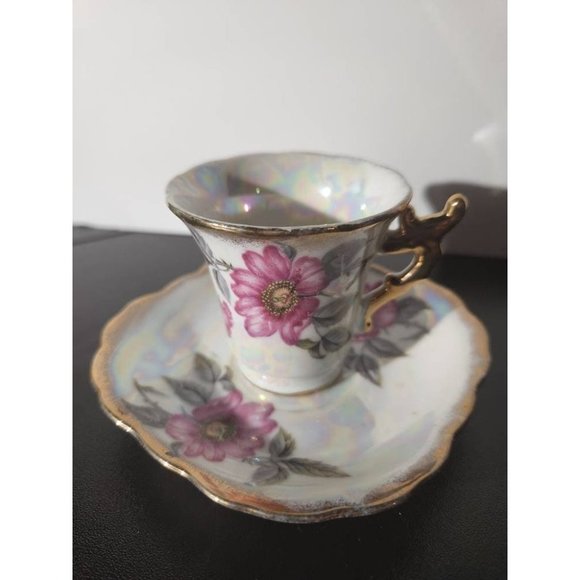 Vintage Pearl White Lusterware Tea Cup and Saucer Gold Trim and Pink Flowers - Picture 3 of 7
